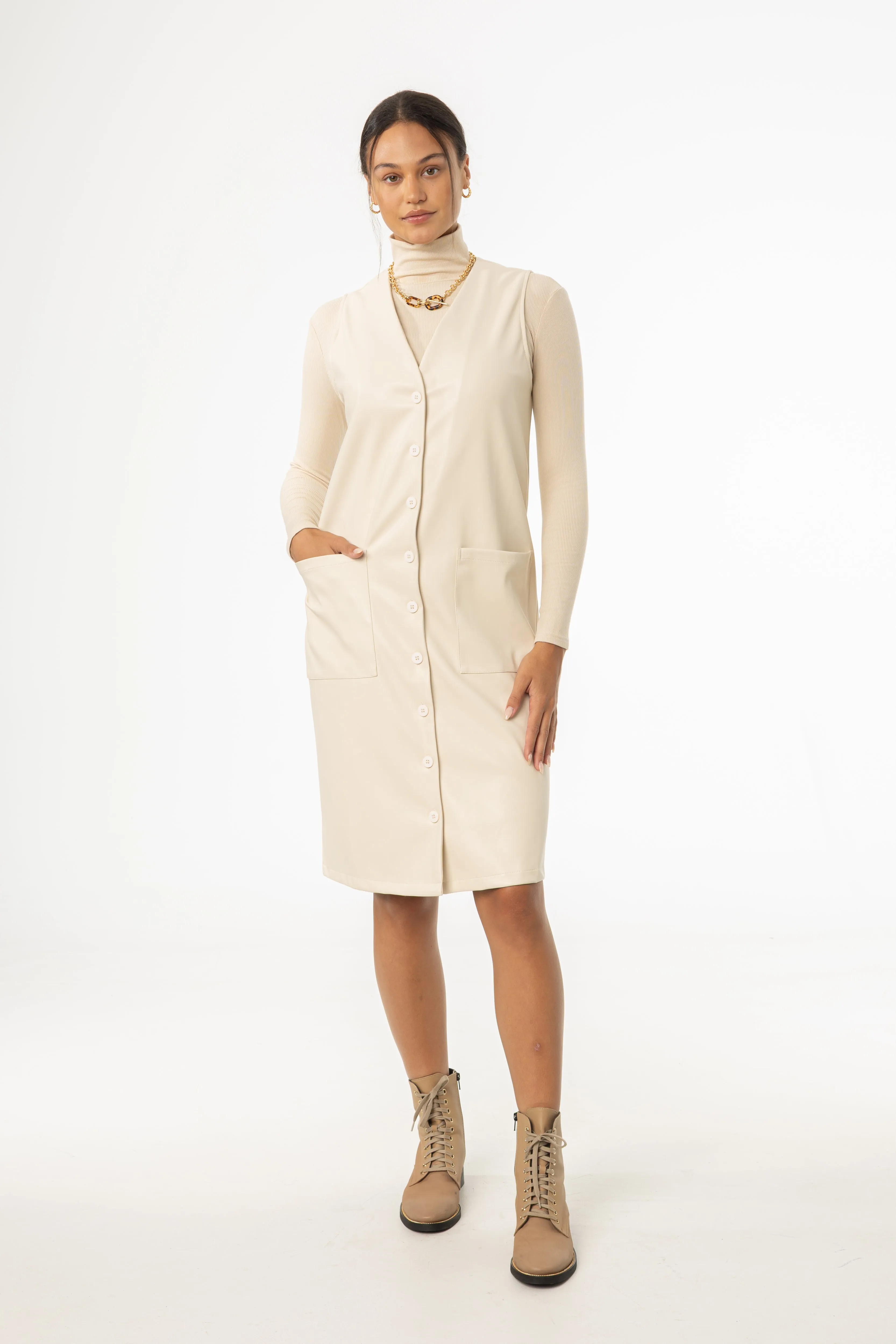 Cream Vegan Leather Vest Dress Stretch Fit