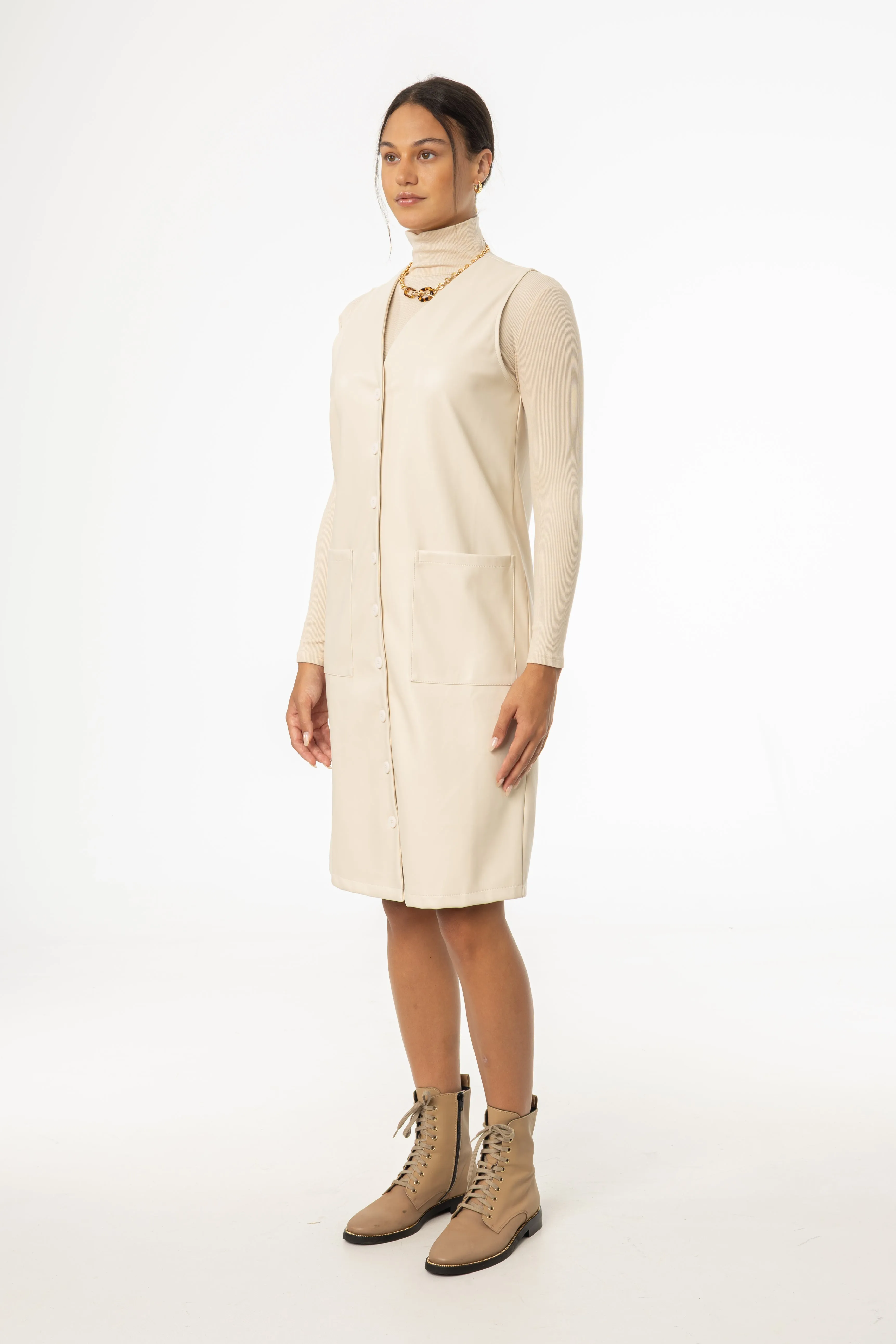 Cream Vegan Leather Vest Dress Late Breeze