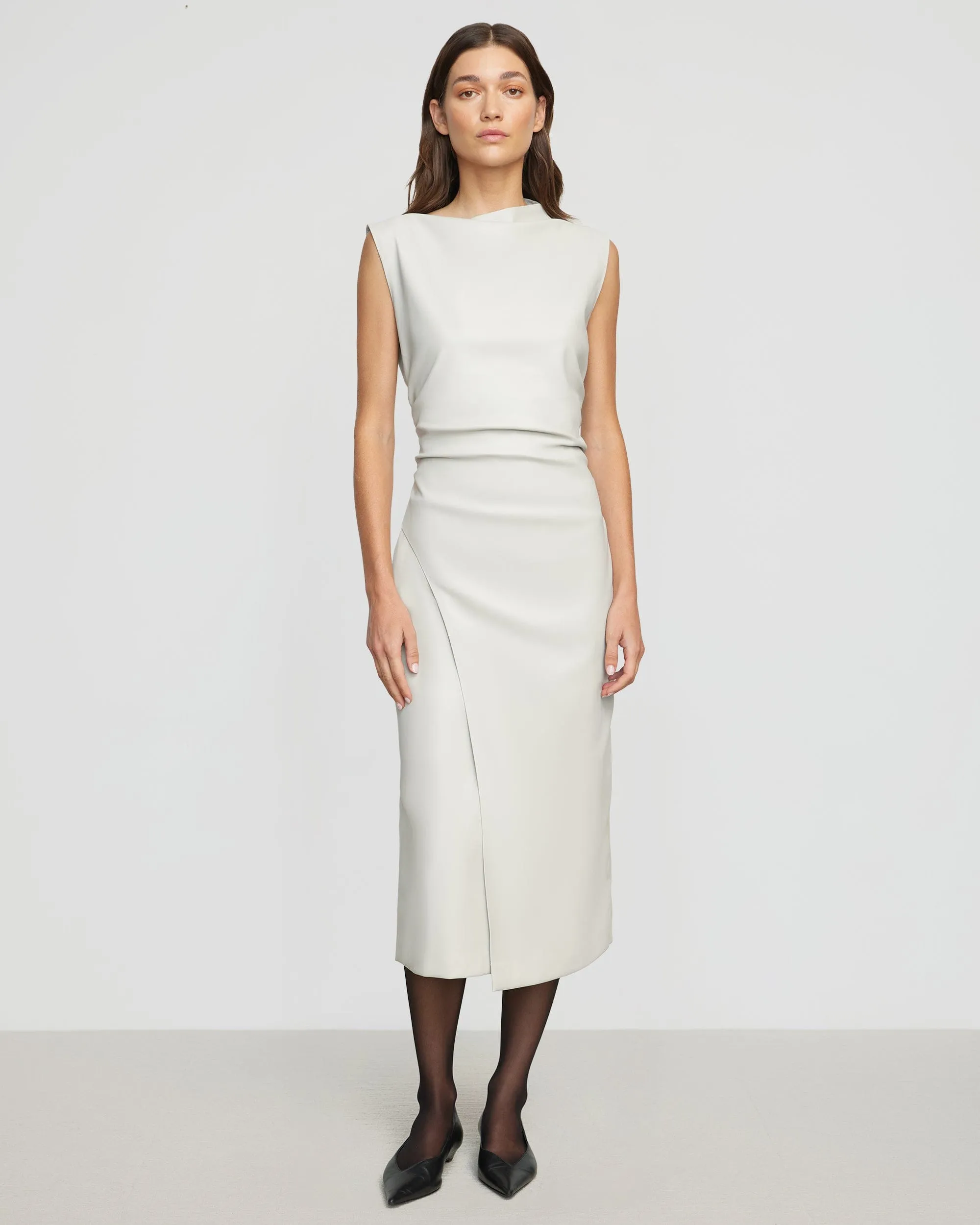 Channing Vegan Leather Wrap-Neck Dress Cold Weather Gear Metro Mode