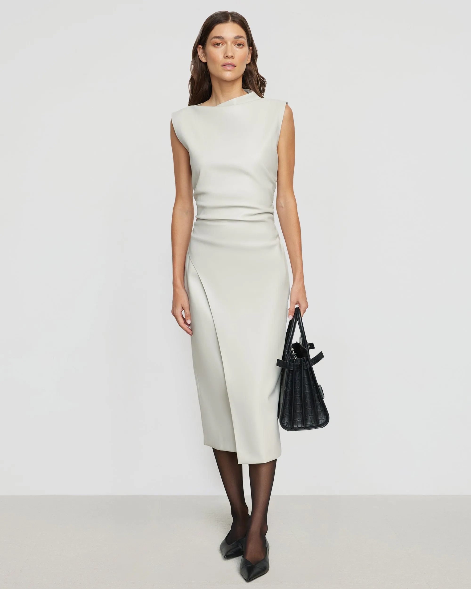 Channing Vegan Leather Wrap-Neck Dress Hygienic Finish Layer Light