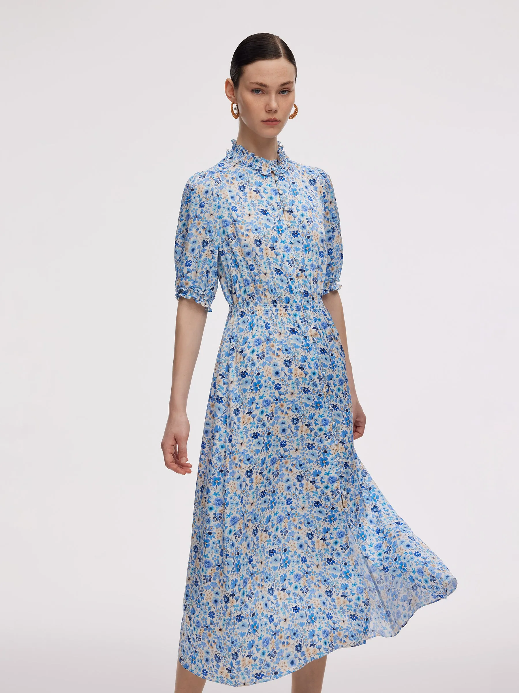 LightweightMaterial 19MM Mulberry Silk Floral Print Ruffle Collar Maxi Dress