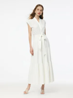ElasticBinding Tencel Blend Women V-Neck Maxi Dress Self Tie Belt Maxi Dress