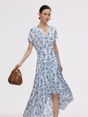 Floral Print Asymmetric Hem Women V-Neck Maxi Dress Training Fit