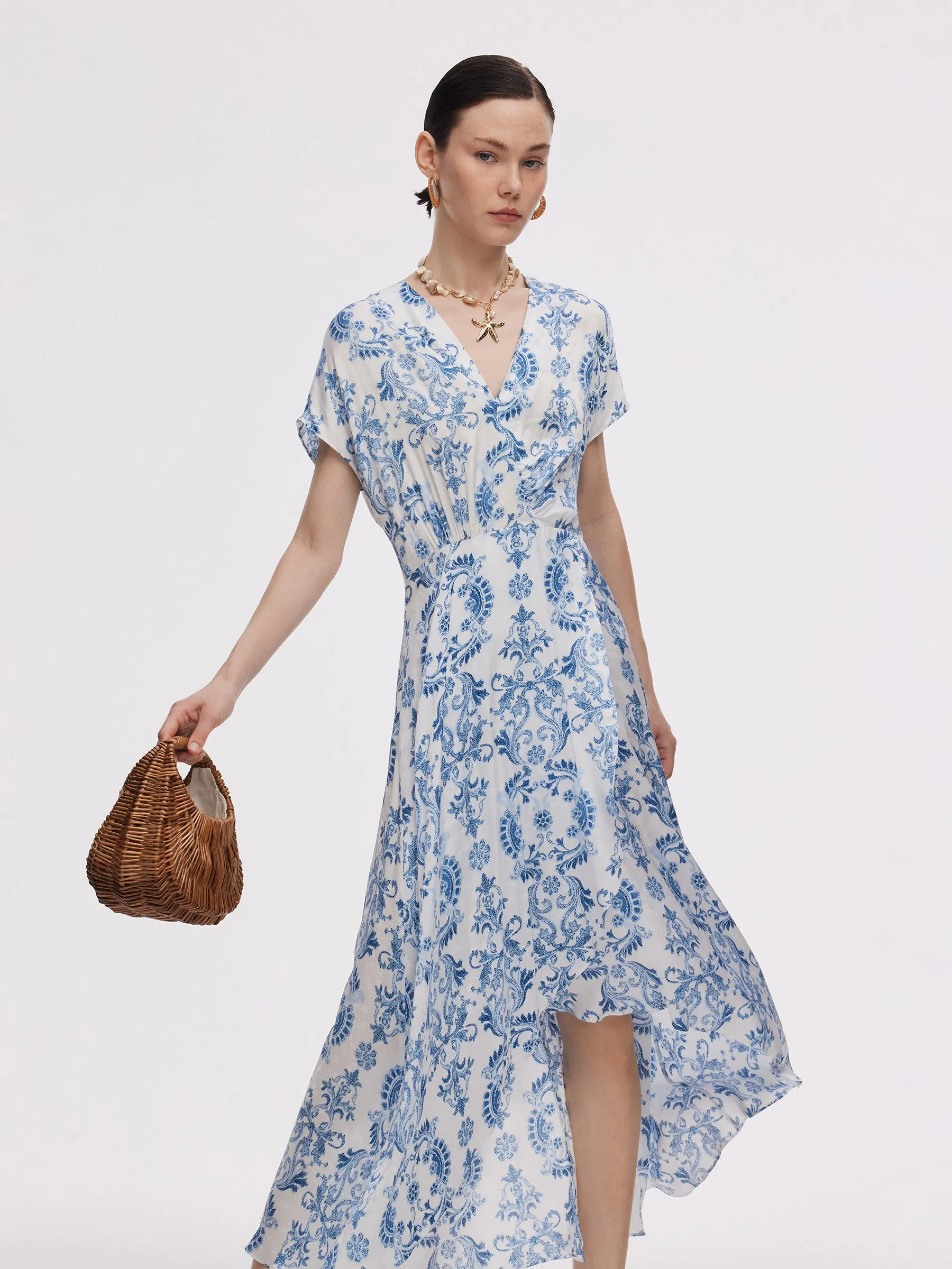 Floral Print Asymmetric Hem Women V-Neck Maxi Dress Training Fit