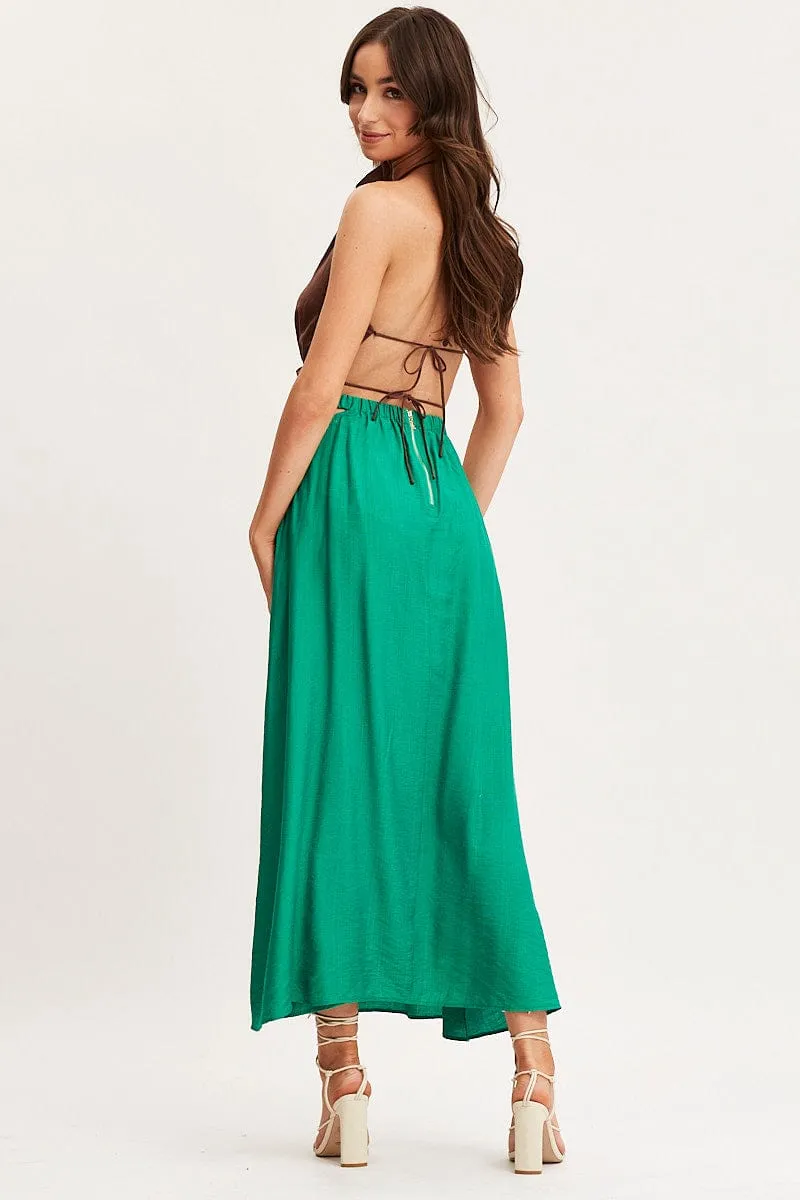 Green Maxi Skirt High Rise Cut Out Side Slit
