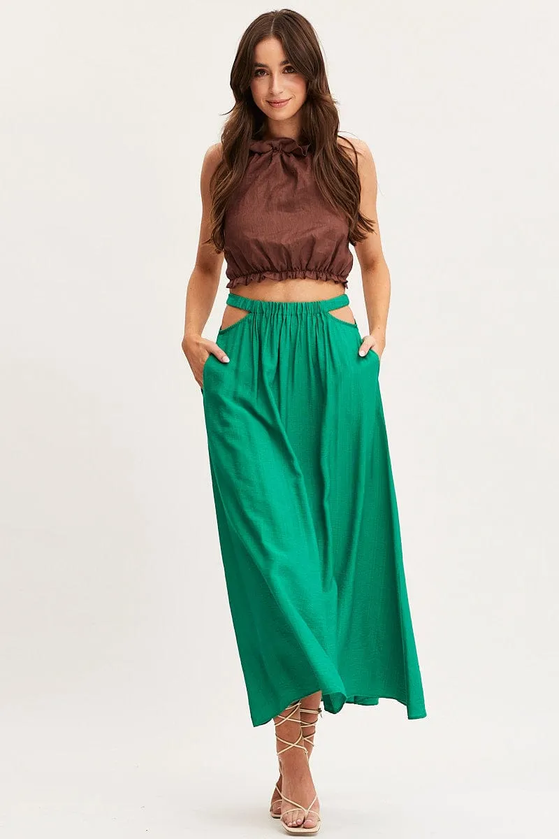 Rolled Hem Classic Fit Green Maxi Skirt High Rise Cut Out