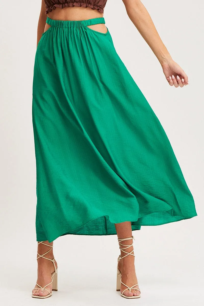 Green Maxi Skirt High Rise Cut Out Wrinkle Resistant Earth Tones