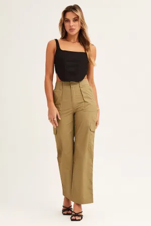 Elastic waist Green Cargo Pants Mid Rise