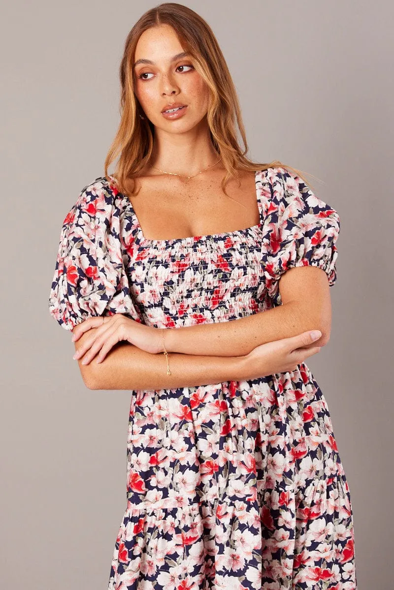 Blue Floral Midi Dress Puff Sleeve Shirred Bust Chic Traveler