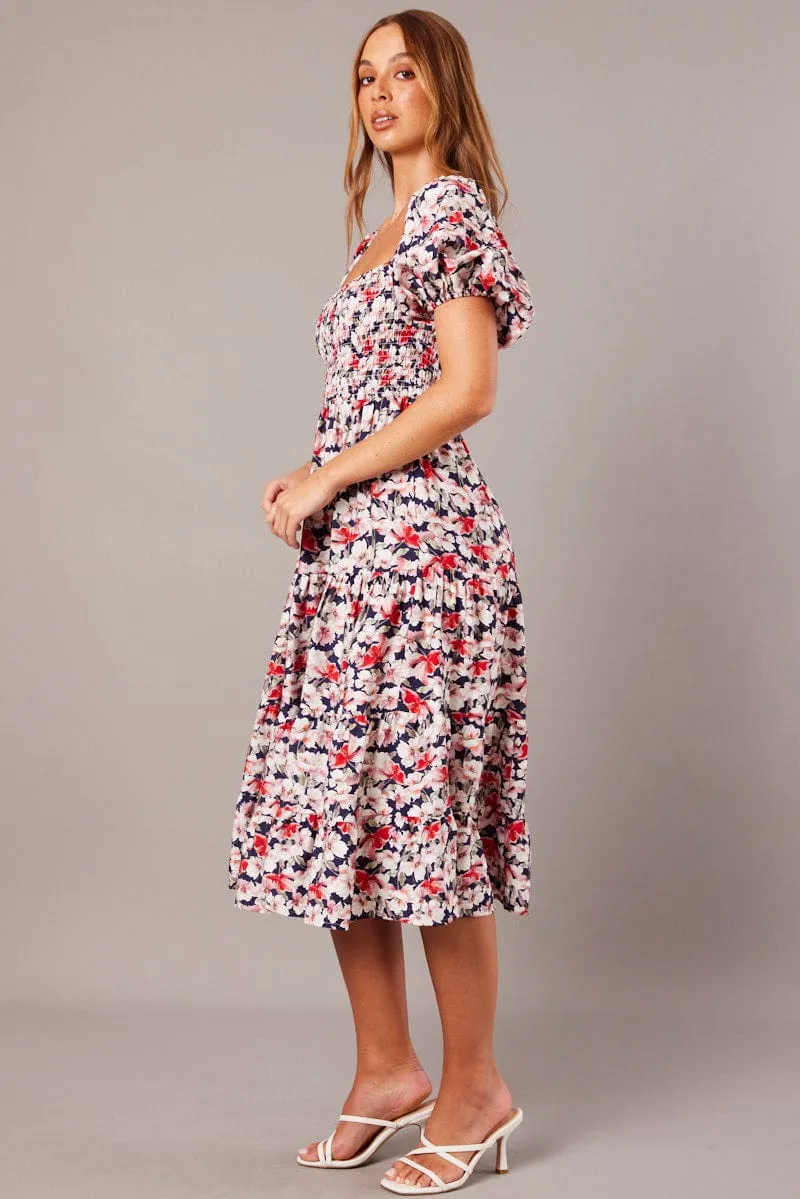 Blue Floral Midi Dress Puff Sleeve Shirred Bust Quiet Luxury Sapphire Light