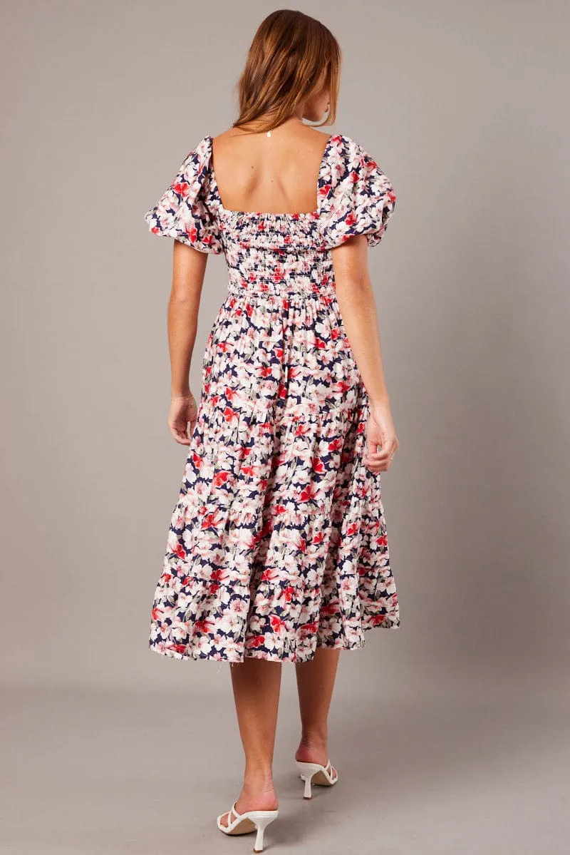 Blue Floral Midi Dress Puff Sleeve Shirred Bust Season Switch