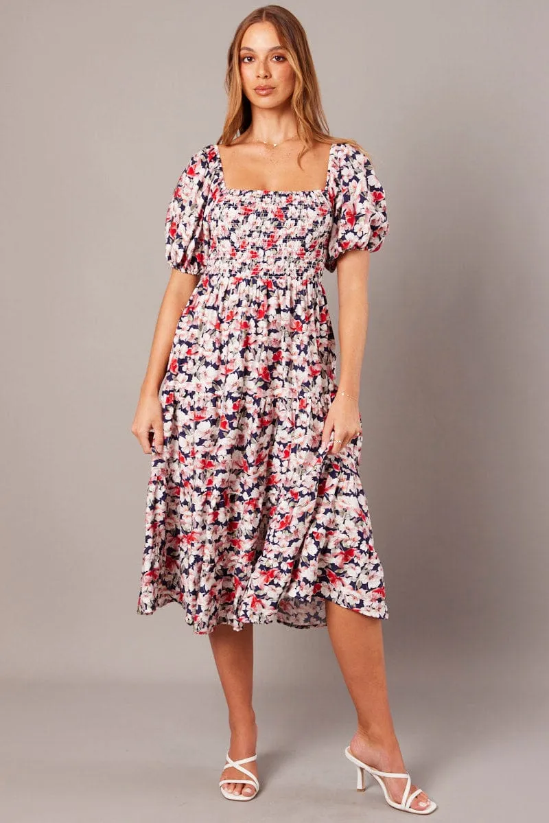 Blue Floral Midi Dress Puff Sleeve Shirred Bust Dance Floor Event Ready
