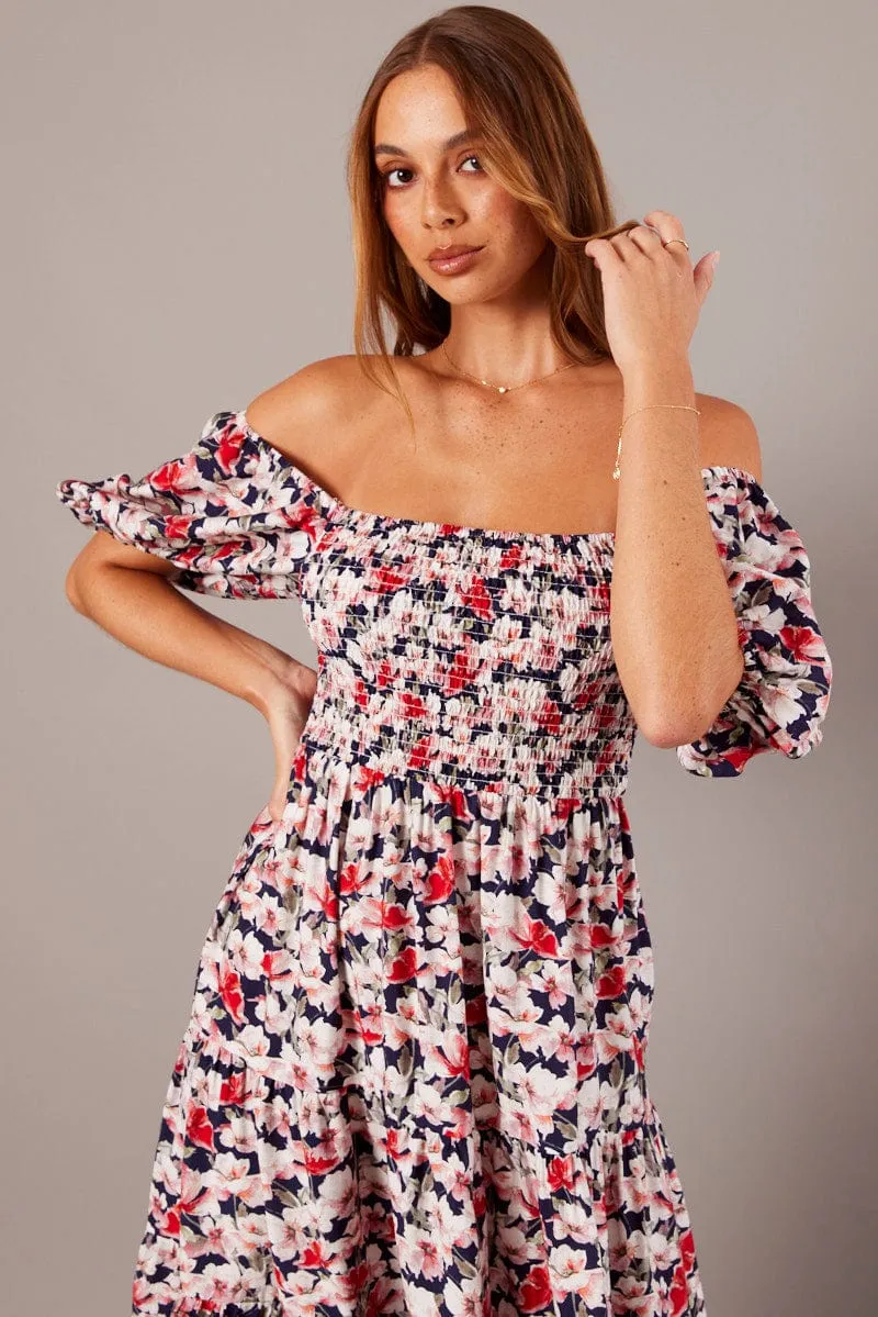 Blue Floral Midi Dress Puff Sleeve Shirred Bust Platinum Shine