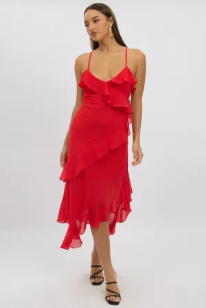 Red Midi Dress Ruffle Detail Day-To-Night Wear Air Comfort