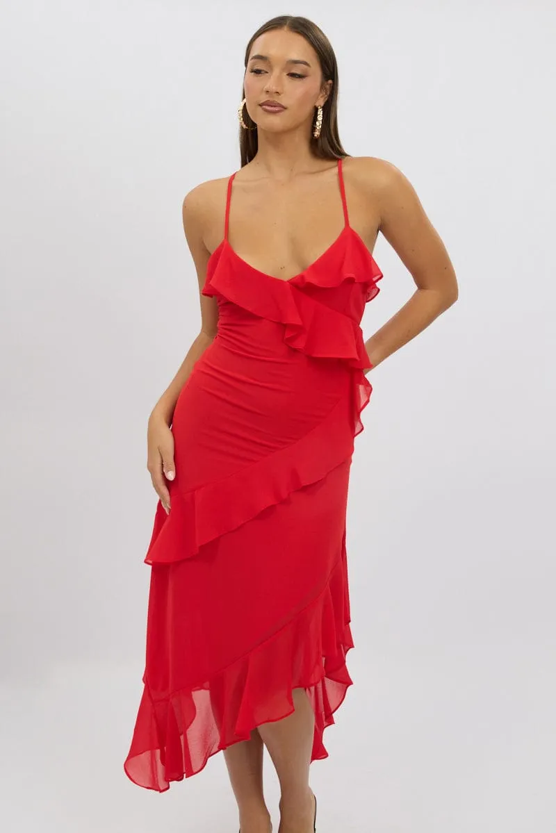 Red Midi Dress Ruffle Detail Elegant knee-length dress