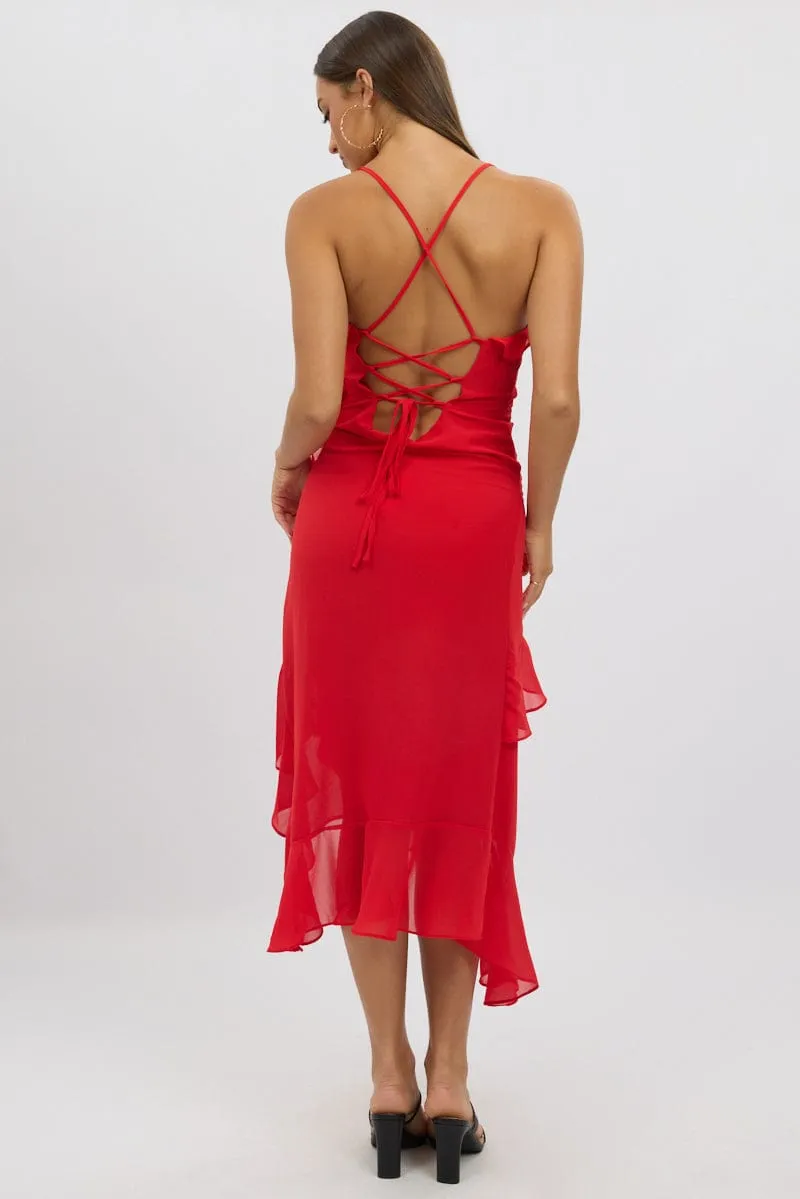 Red Midi Dress Ruffle Detail Cotton Soft Smart Casual