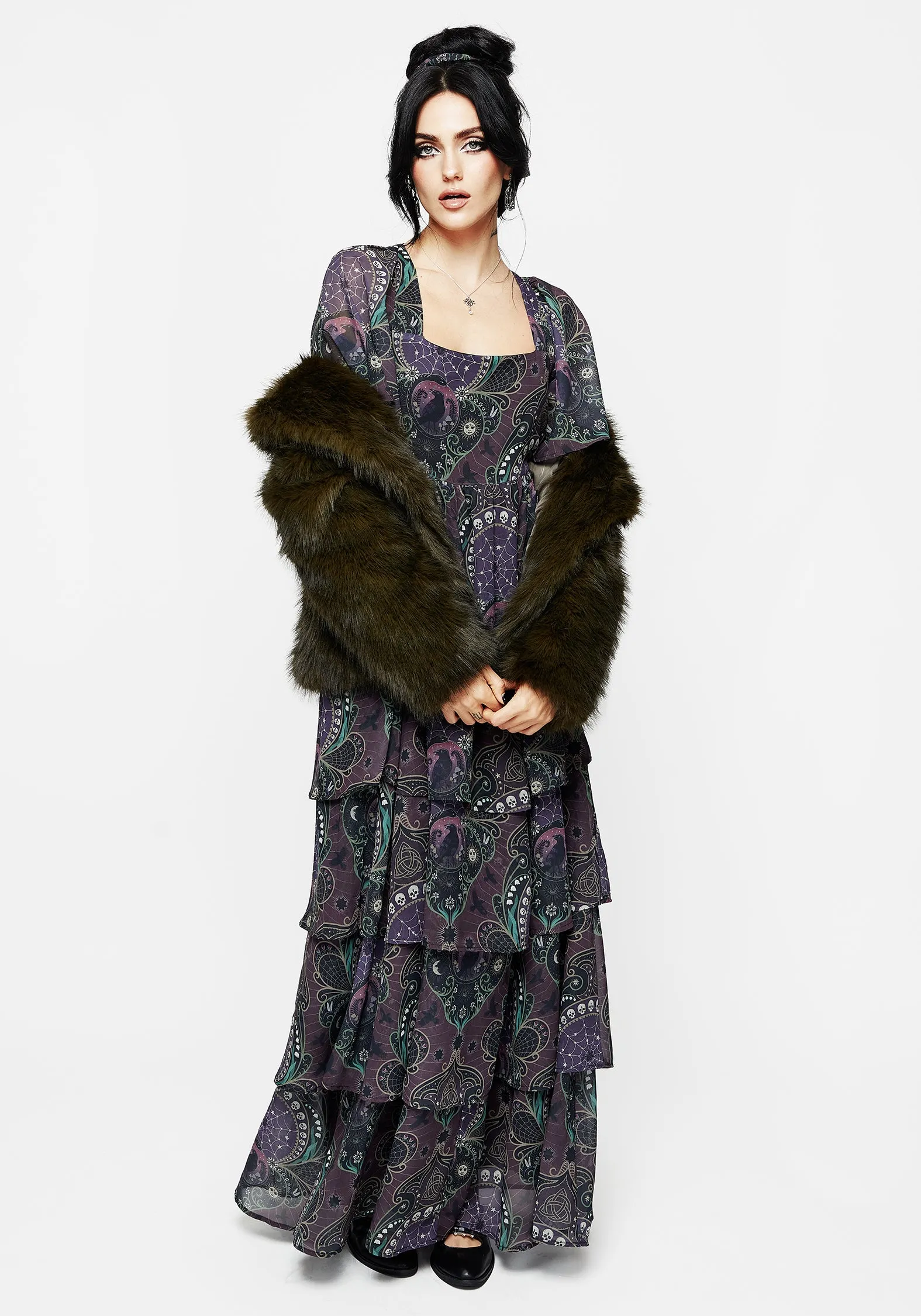 Clarette Chiffon Angel Sleeve Tiered Gown Flare Bottom Designed to suit all body types this dress provides a flattering fit for every figure