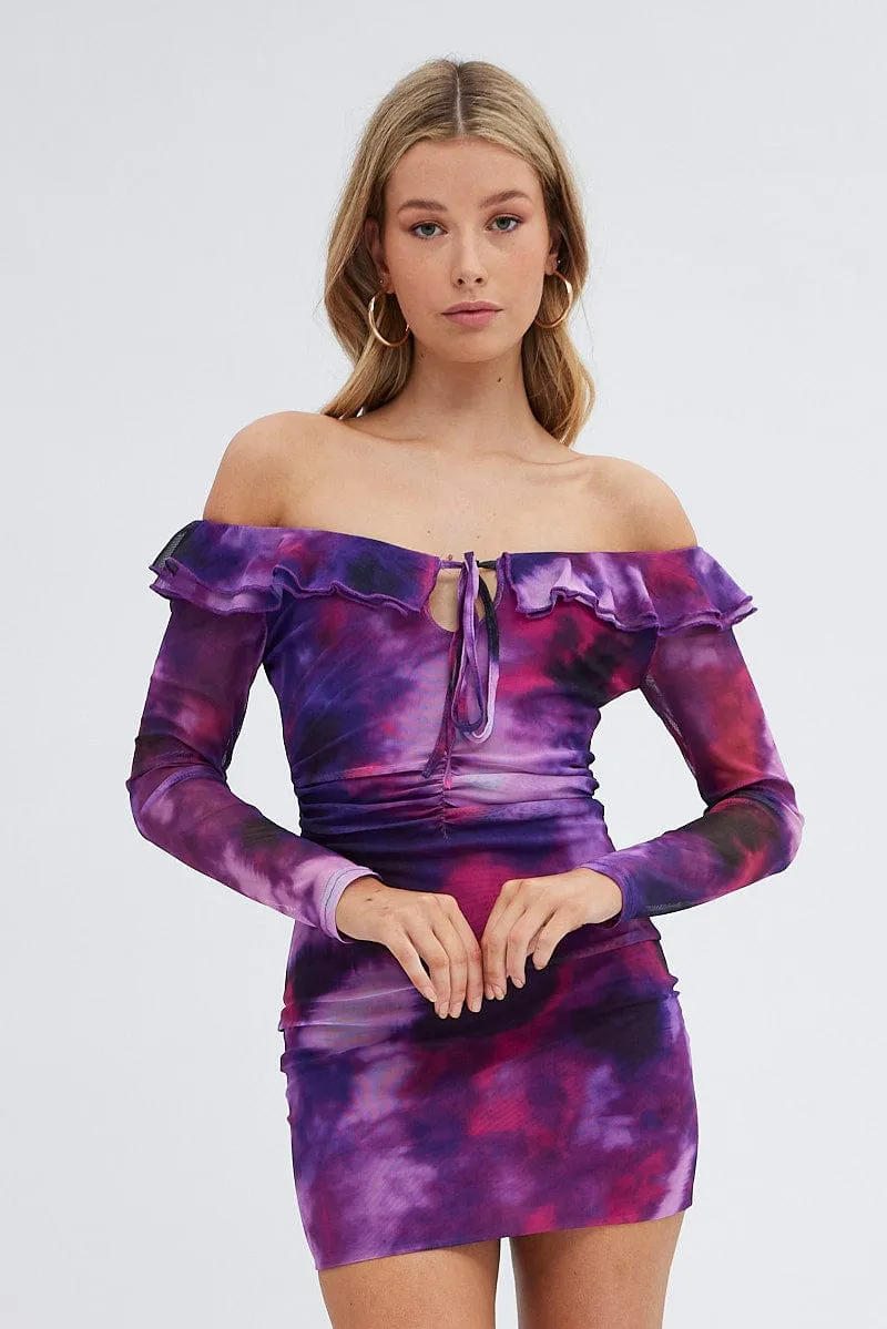 Sophisticated Style Purple Abstract Mini Dress Long Sleeve Off Shoulder Frill Mesh