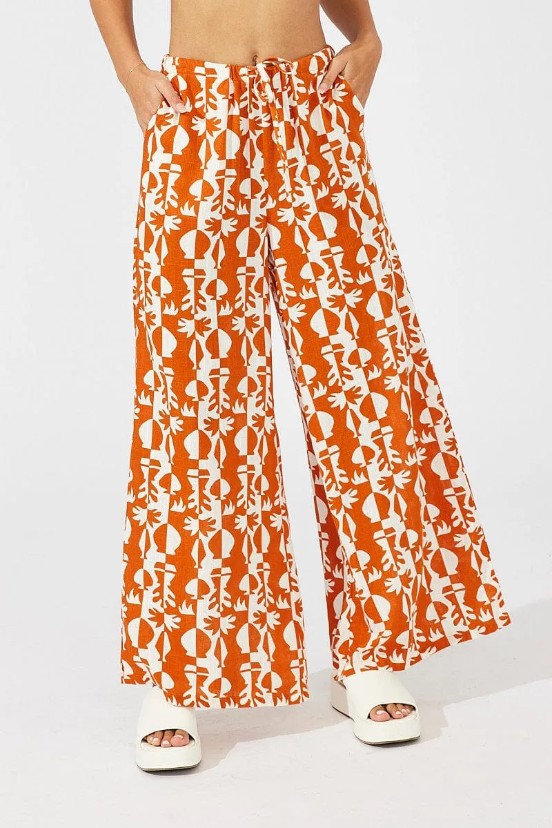 Durable Construction Everyday Wear Beige Abstract Wide Leg Pants High Rise