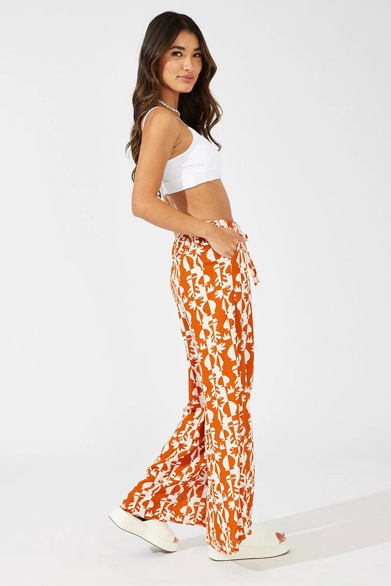 Beige Abstract Wide Leg Pants High Rise Denim finish