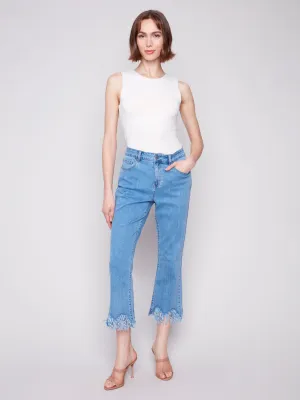 Chill Vibes Lightweight Denim Blend Cropped Jeans With Fringed Hem - Blue Jean