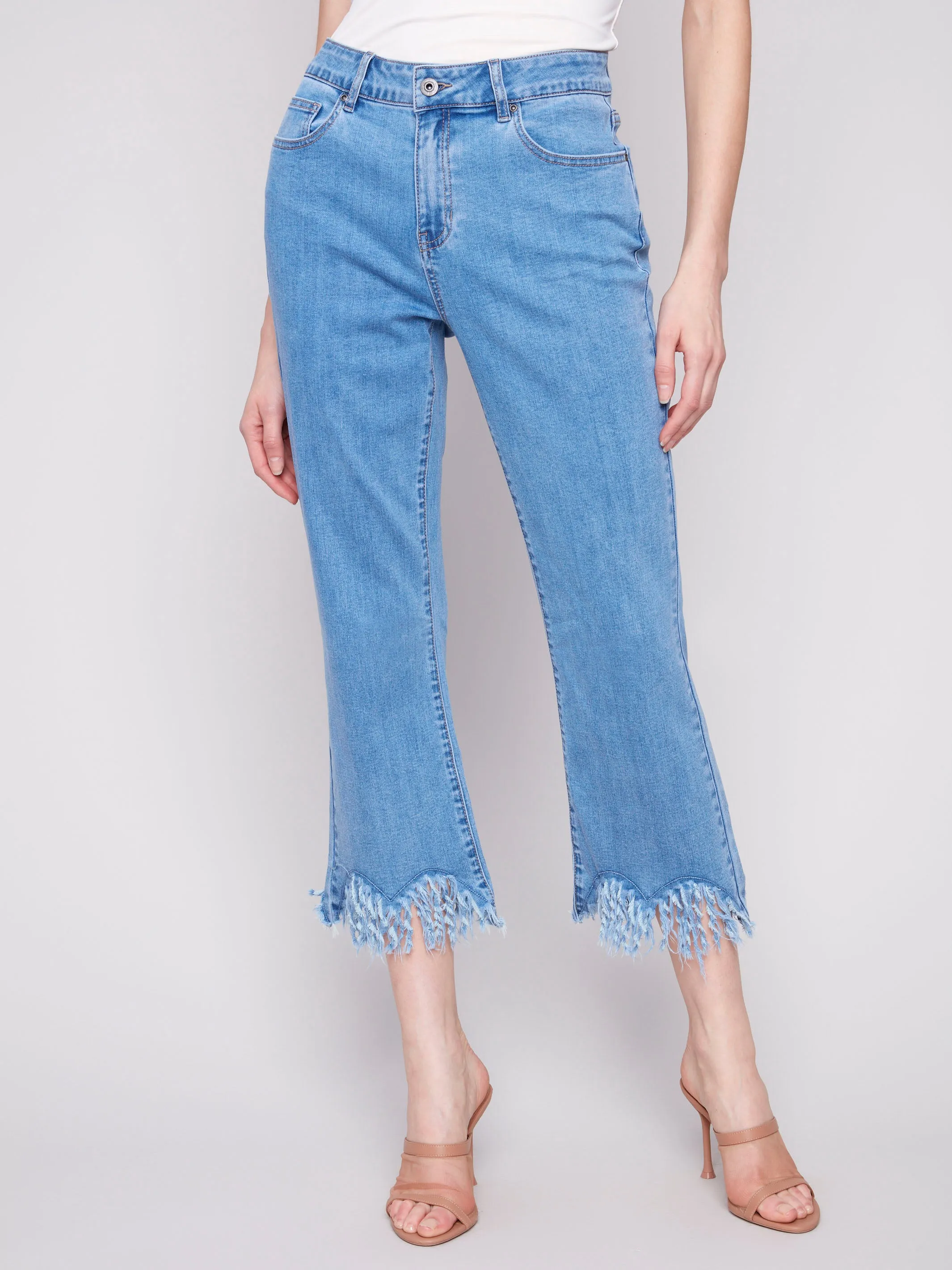 Cropped Jeans With Fringed Hem - Blue Jean Everyday Classic Wear Comfy