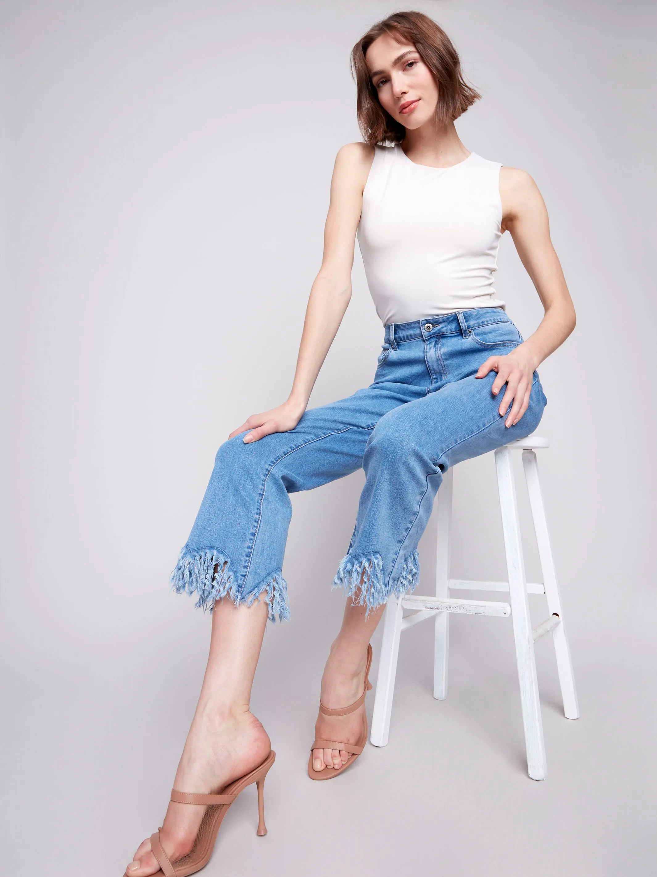 Cropped Jeans With Fringed Hem - Blue Jean Winter Warmth Professional Wear quick dry