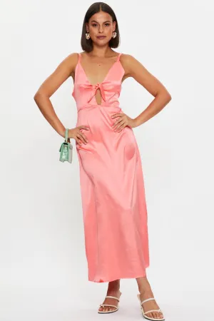 Classic Comfort Dinner Date Brown Tie Front Satin Midi Dress