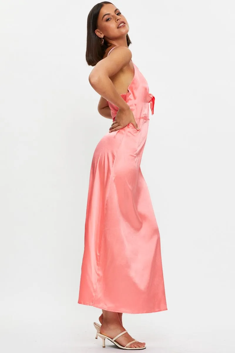 Brown Tie Front Satin Midi Dress Flattering fit for all body types Silk Flow