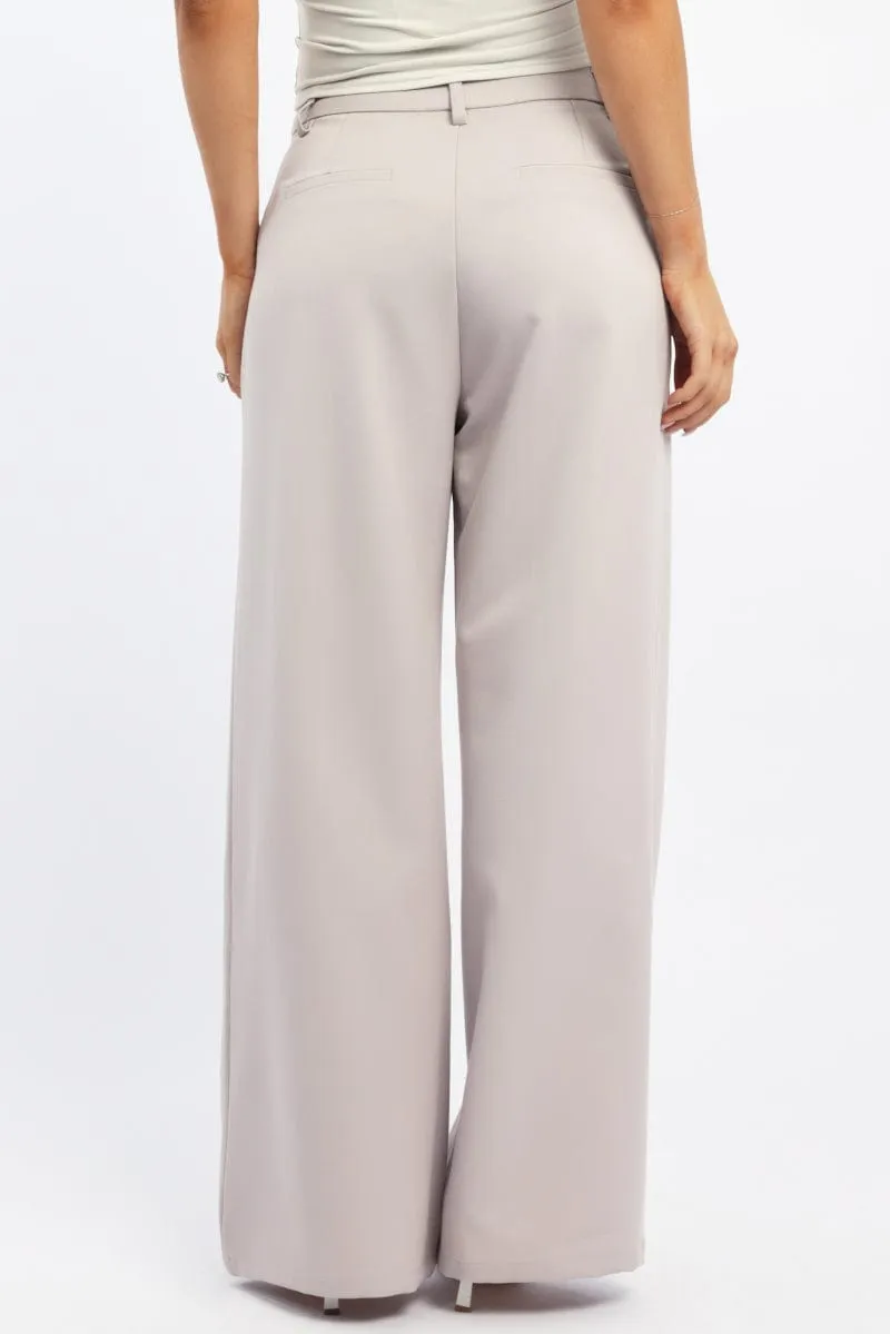 Beige Wide Leg Pants High Rise Bonded Seam Technology Laser Cut Perforations