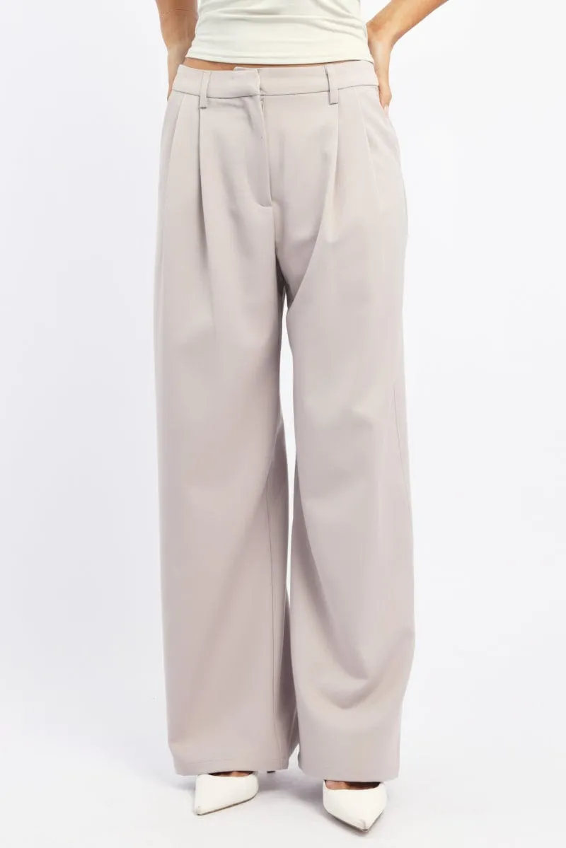 Beige Wide Leg Pants High Rise Effortless Look Stretchy Waist