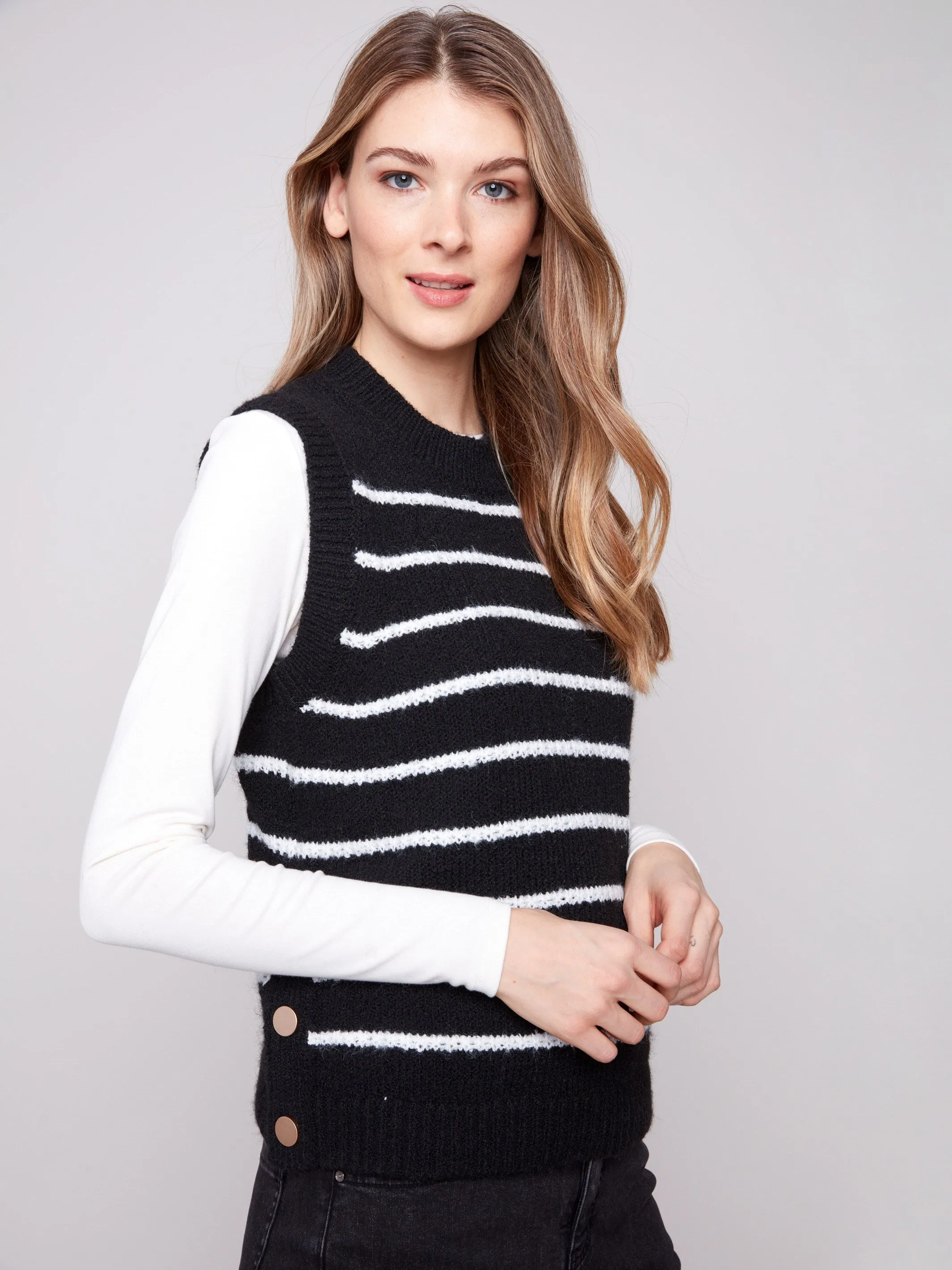 Simple Cozy Effortless Style Striped Sleeveless Sweater Vest - Black