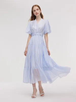 A-Line V-Neck Women Pleated Tiered Maxi Dress pack light SmoothInnerLining