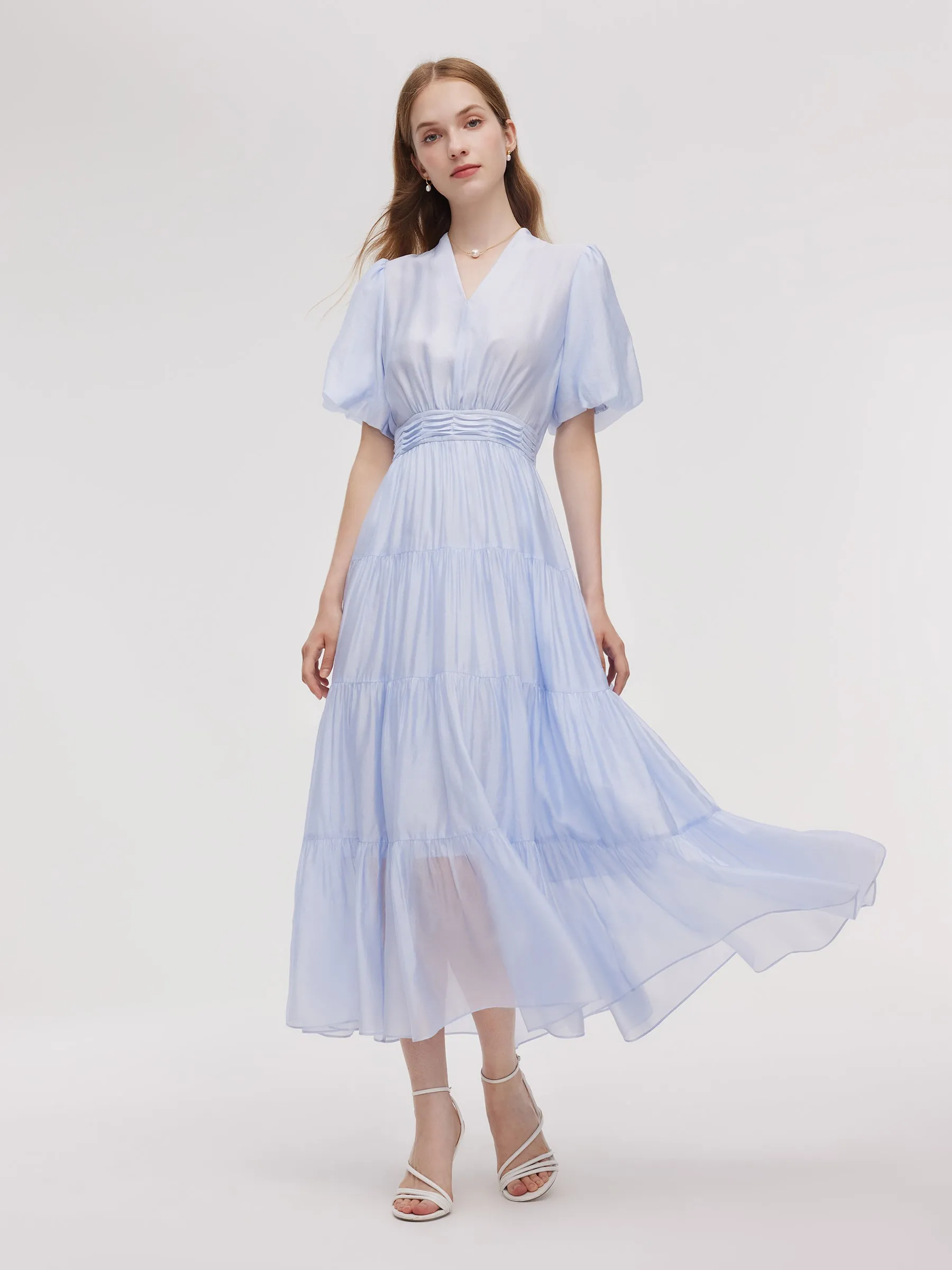 A-Line V-Neck Women Pleated Tiered Maxi Dress clean look