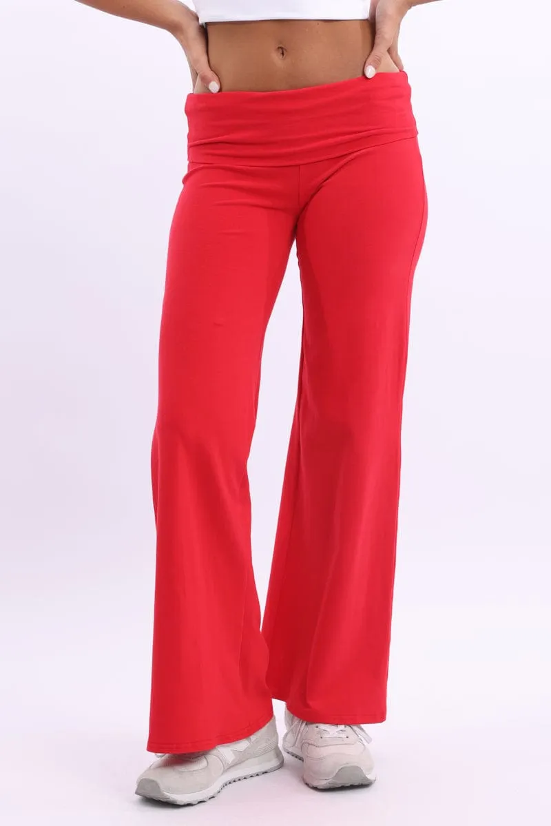 Versatile Style Red Wide Leg Pants Folded Waist Jersey