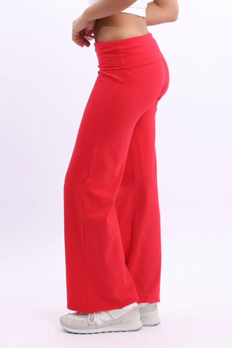 SeamlessConstruction Ventilated Mesh Lining Red Wide Leg Pants Folded Waist Jersey
