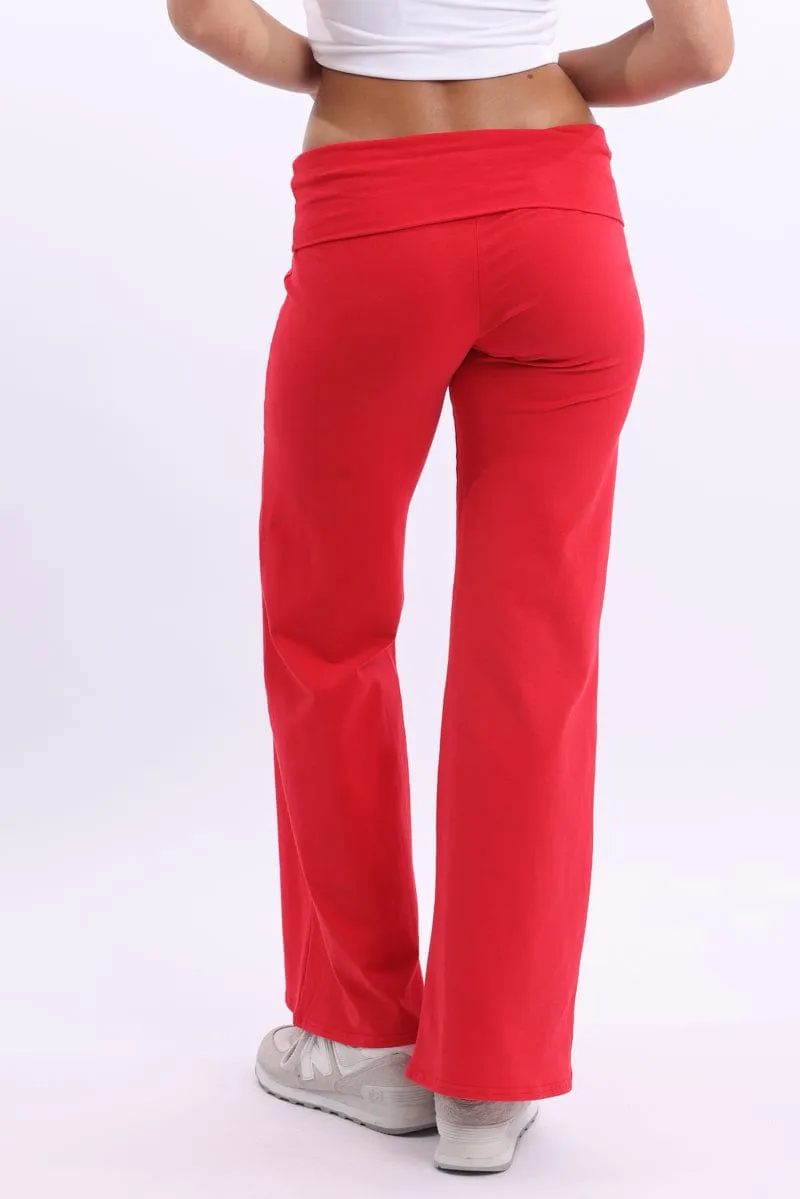 Versatile Wear Red Wide Leg Pants Folded Waist Jersey