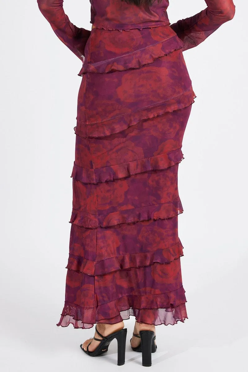 Sophisticated Casual Red Floral Maxi Skirt Mesh Frilled Mesh