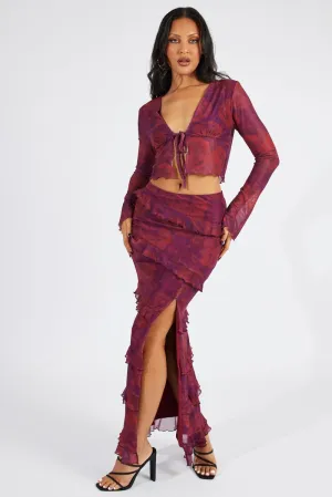 Low Rise Red Floral Maxi Skirt Mesh Frilled Mesh