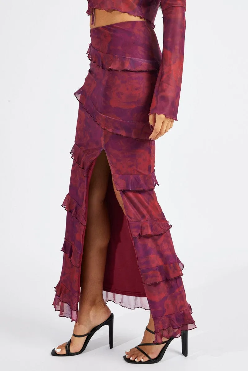 Global Inspiration Side Pockets Red Floral Maxi Skirt Mesh Frilled Mesh