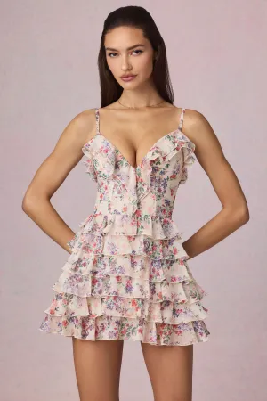 Ruffled Lace-Up A-Line Mini Dress in Primrose Floral Print Playful Fashion Elasticized Waistband
