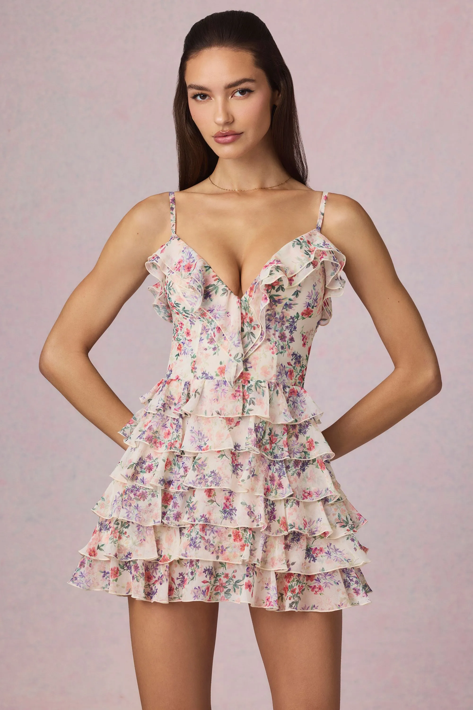Ruffled Lace-Up A-Line Mini Dress in Primrose Floral Print Playful Fashion Elasticized Waistband