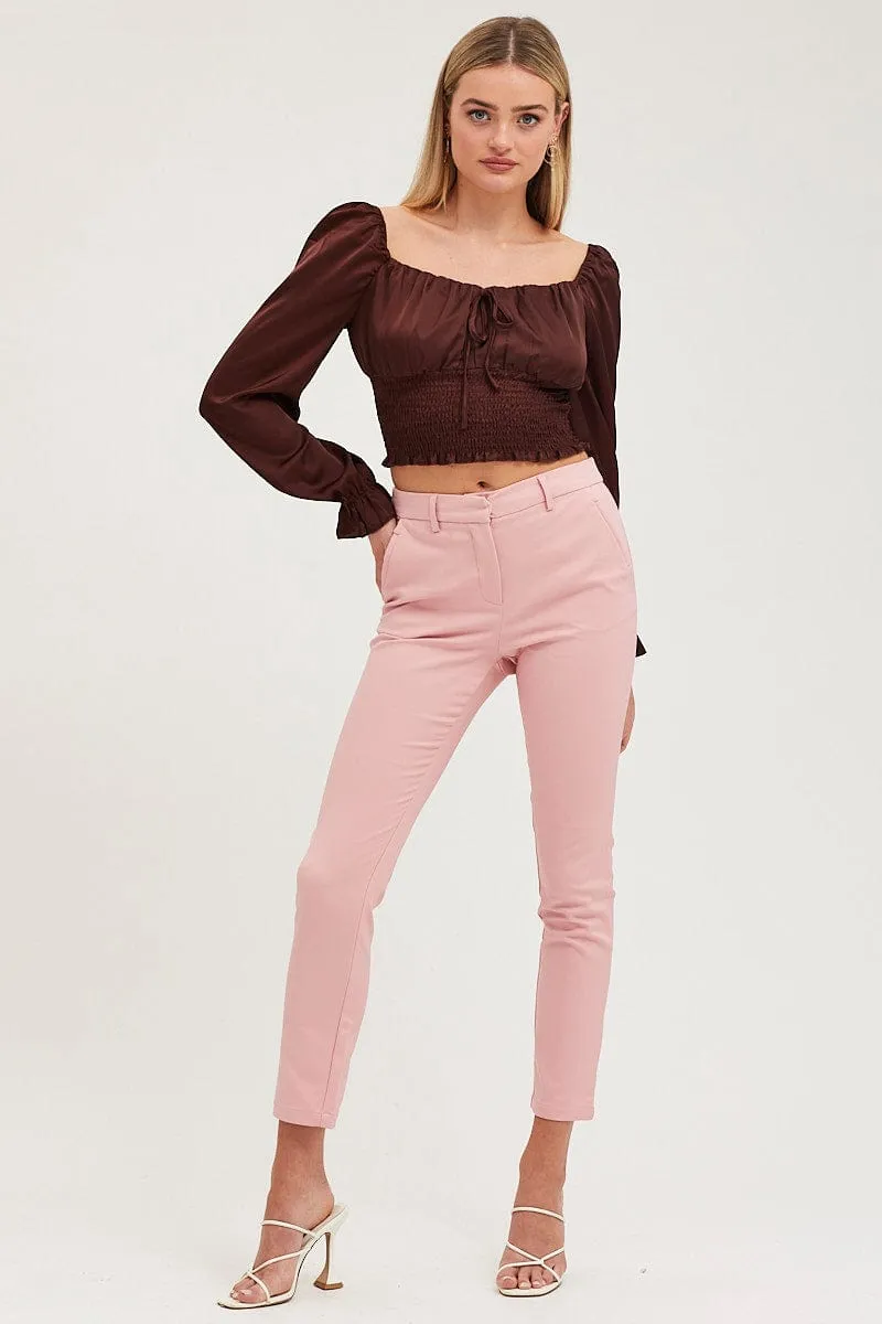 Pink Slim Pants High Rise Workwear Trendy Waist