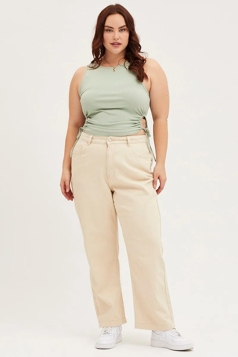 Beige Denim Jean High Rise Wide Leg Casual Classic Student Outfit Work Ready