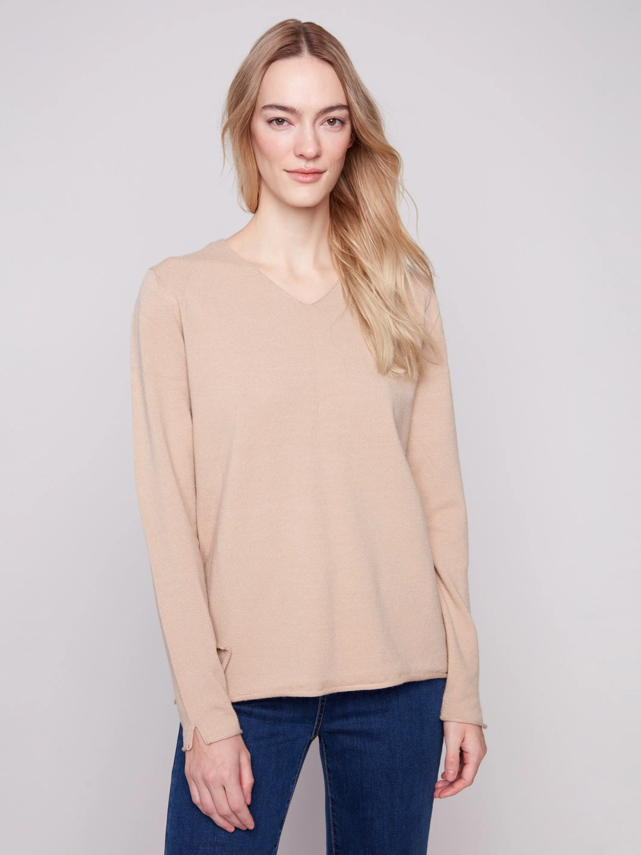 All-Season Wear Chilly Season Basic V-Neck Sweater - Sesame