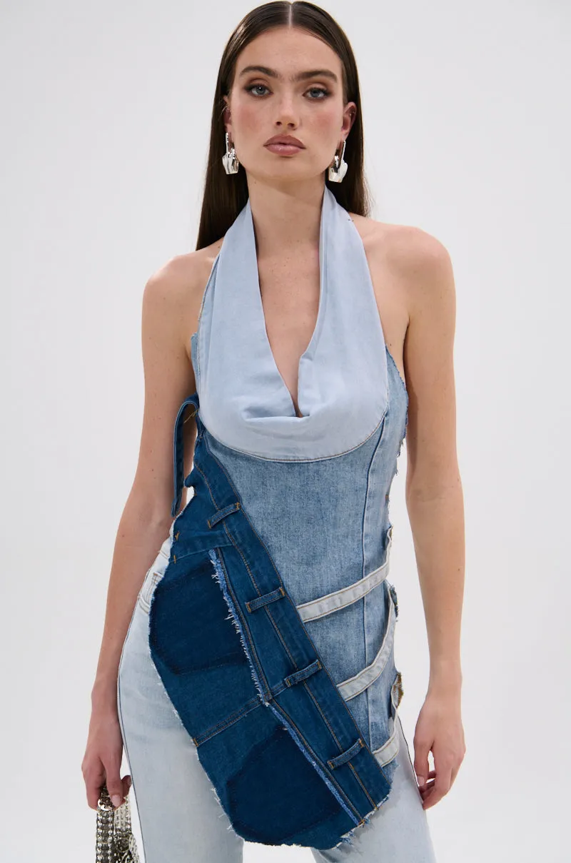 Tagless Comfort Neckline PATCHED UP COWL NECK DENIM HALTER TOP