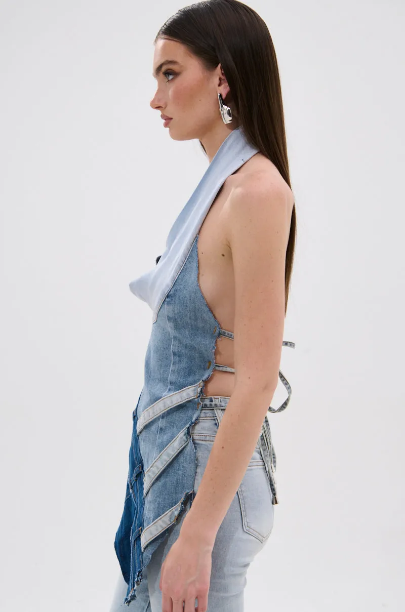 PATCHED UP COWL NECK DENIM HALTER TOP Minimalist Trimmings