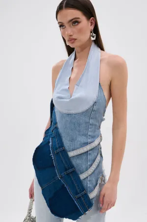 Long service life PATCHED UP COWL NECK DENIM HALTER TOP