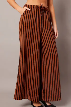 Laser cut Breathable Weave Fabric Brown Stripe Wide Leg Pants High Rise
