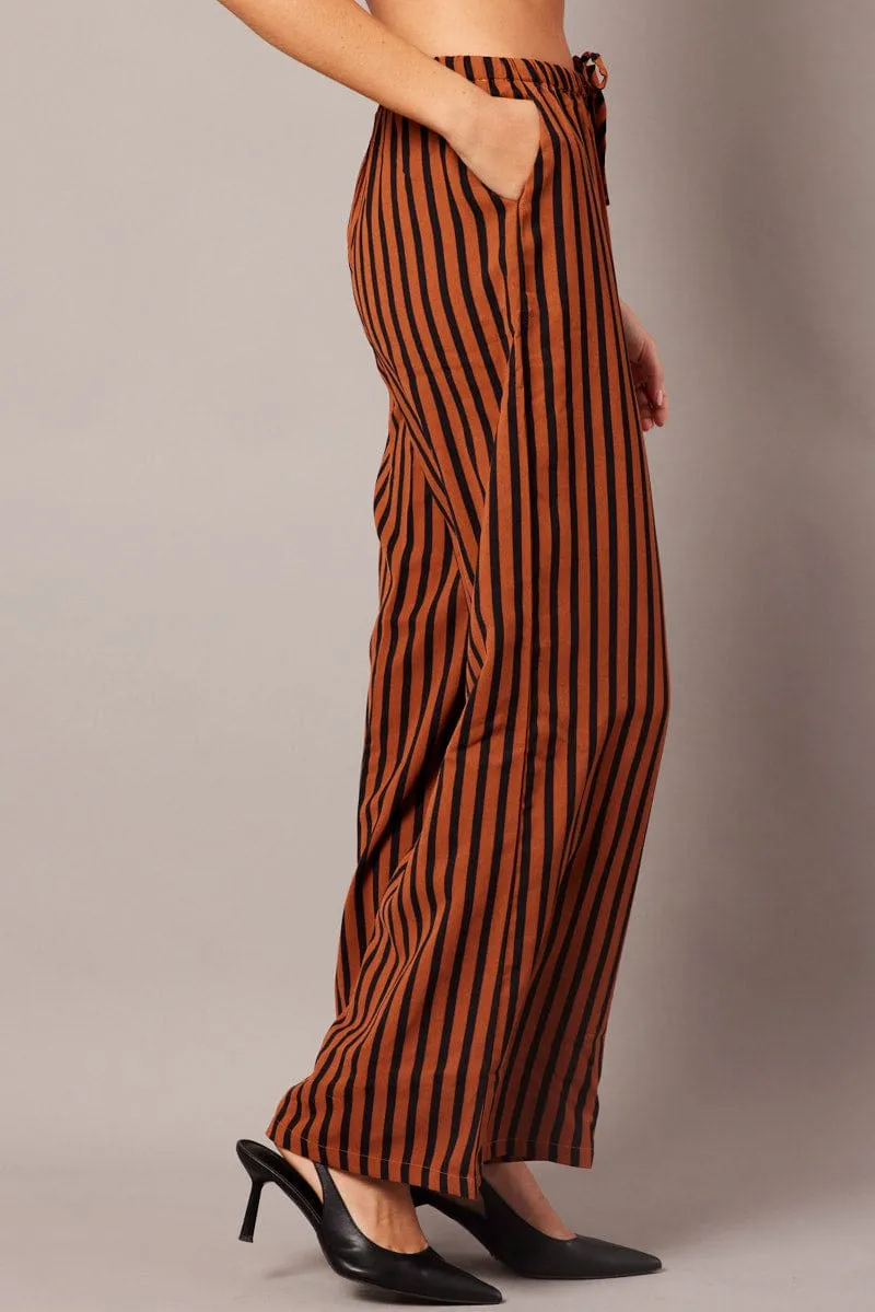 Casual Layering QuickDryTechnology Brown Stripe Wide Leg Pants High Rise